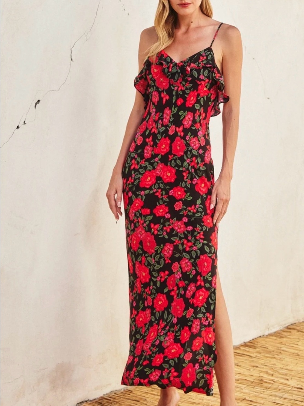 Dress Forum Black Maxi Slip Dress with Red Rose Print